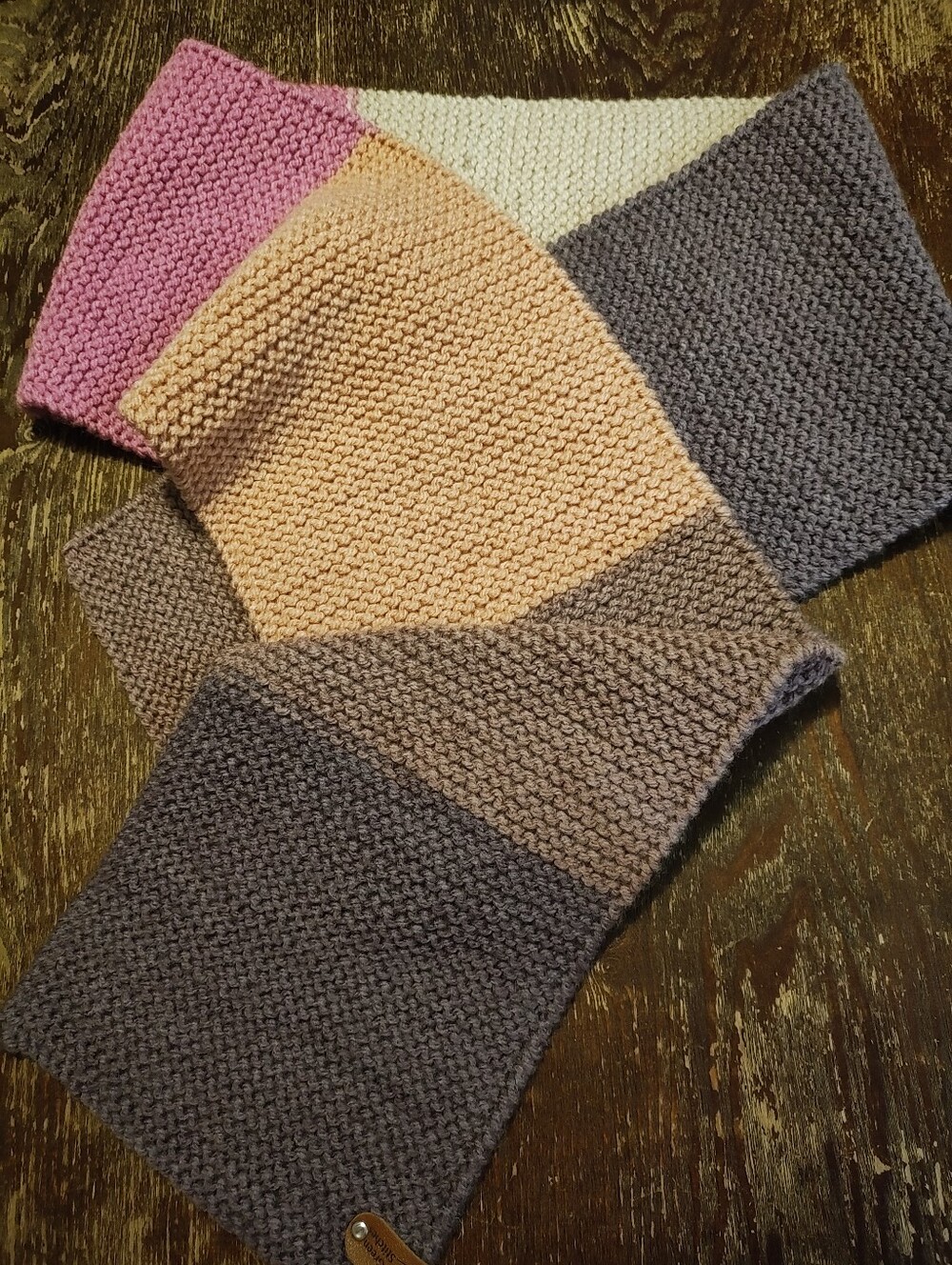 Hand Knit Colorblock Knit Scarf in Pink, Peach, Cream & Gray